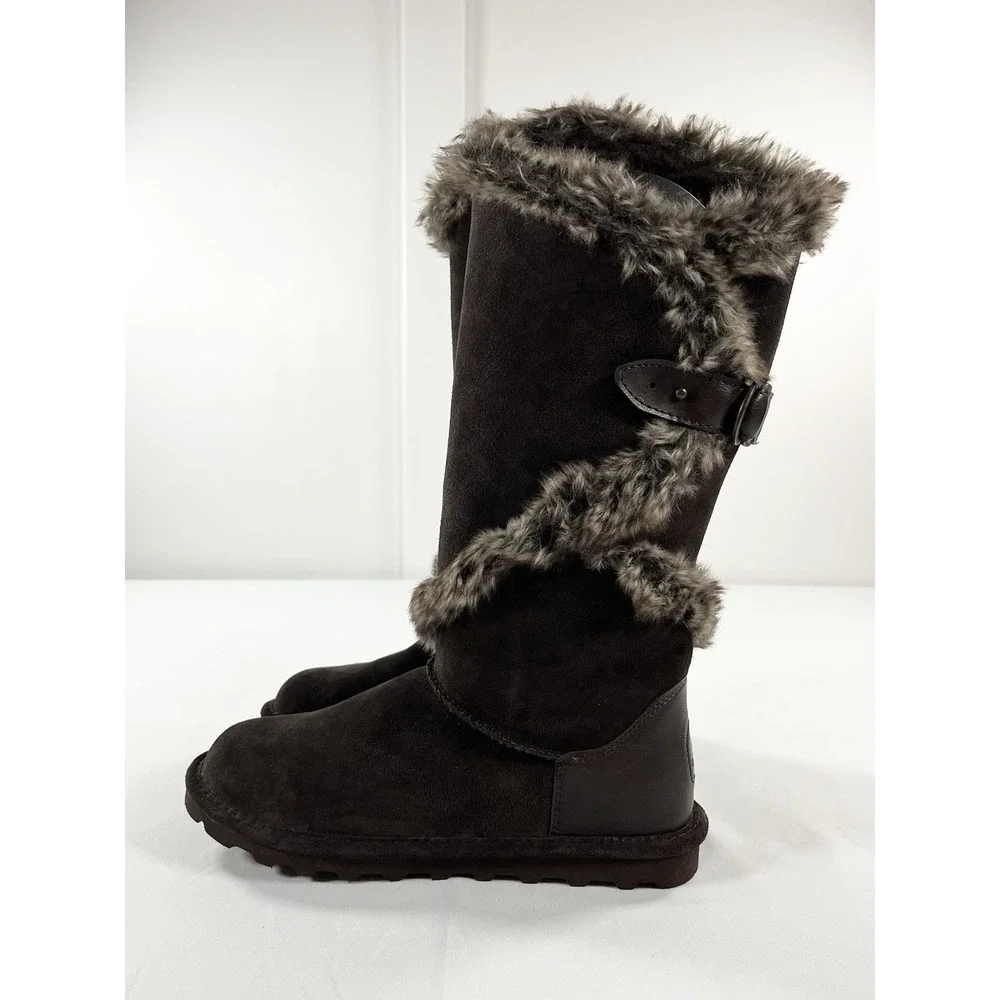 New BEARPAW Sheilah Women's 10 Suede Tall Boots Faux Fur Trim‎ Hickory Winter